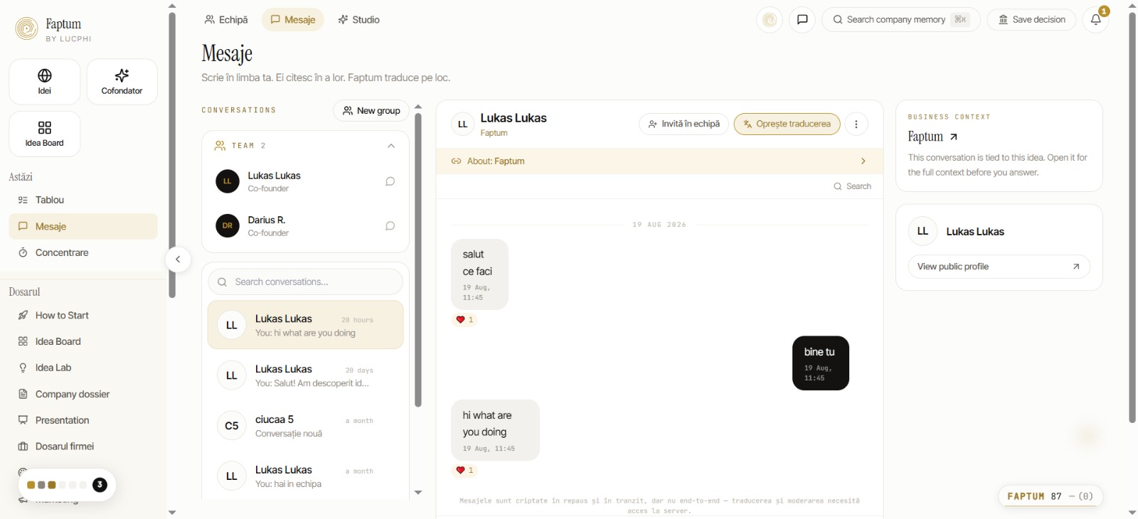 Faptum Messages desktop interface