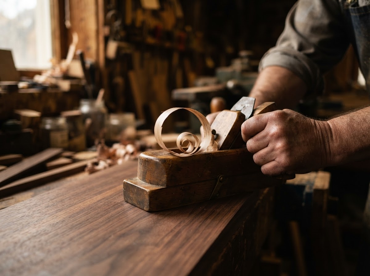 Master craftsman hand-planing walnut wood in the Exclusive Wood Art workshop