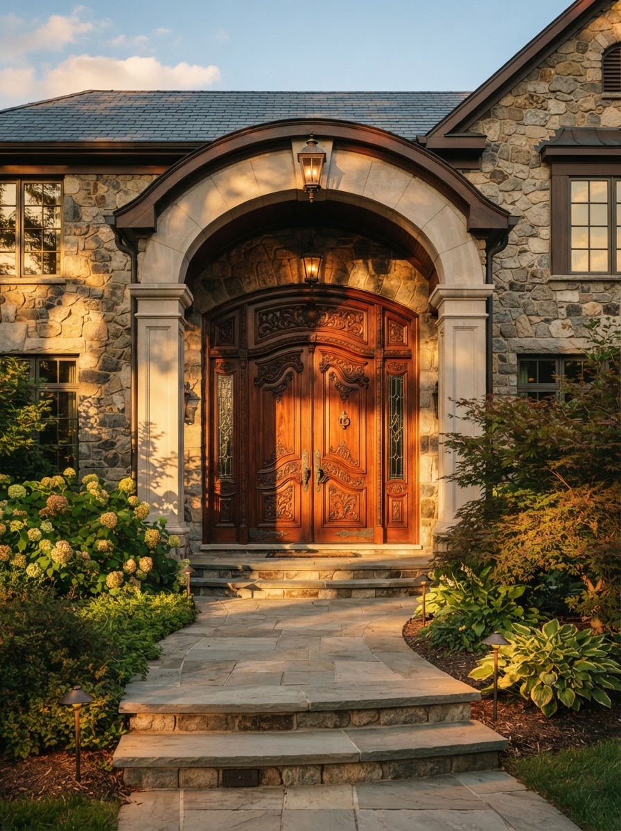 Ornate custom carved wooden front door