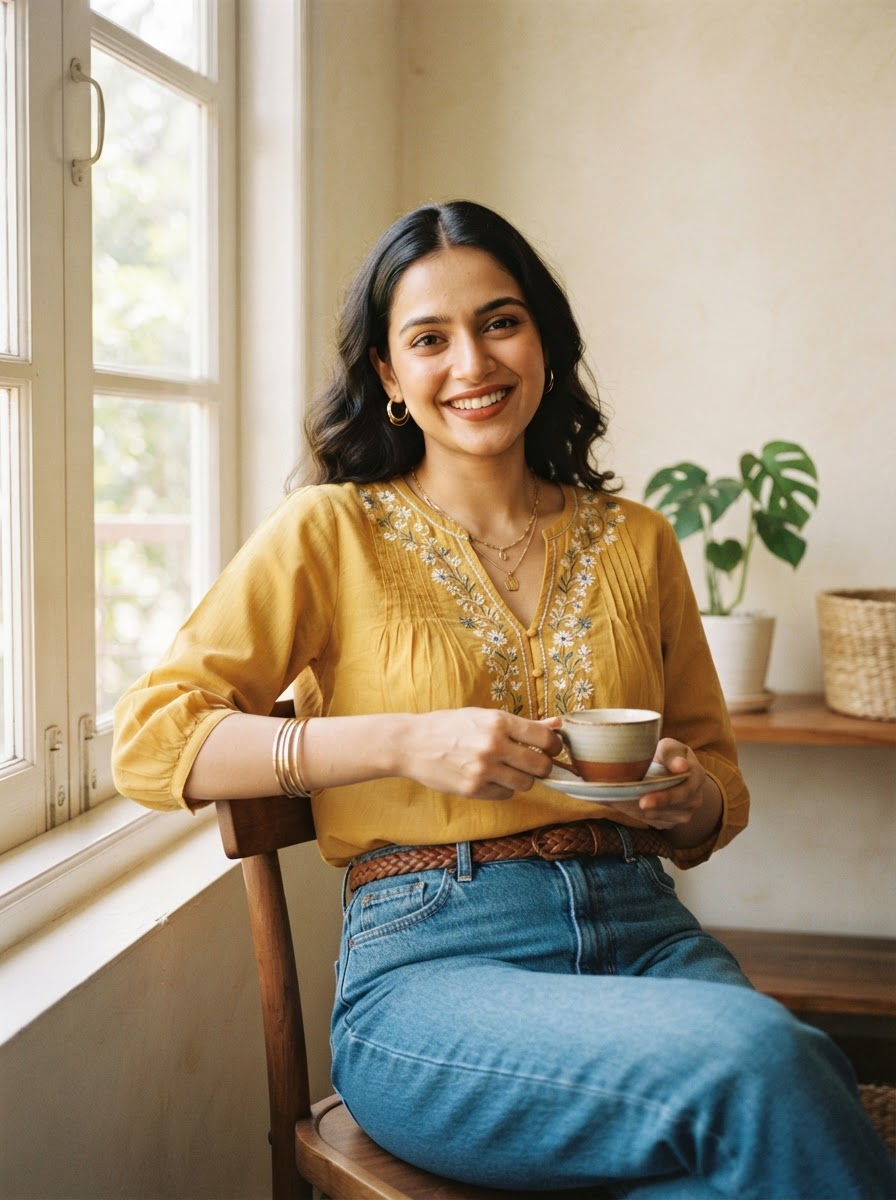Mustard Embroidered Cotton Top
