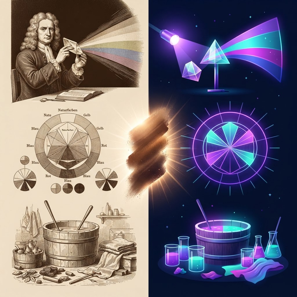 Editorial illustration: antique color-science engravings — a prism, a color wheel, a dye vat — in sepia on the left, re-rendered in vivid violet and teal on the right, with a glowing brown swatch emerging at the seam.