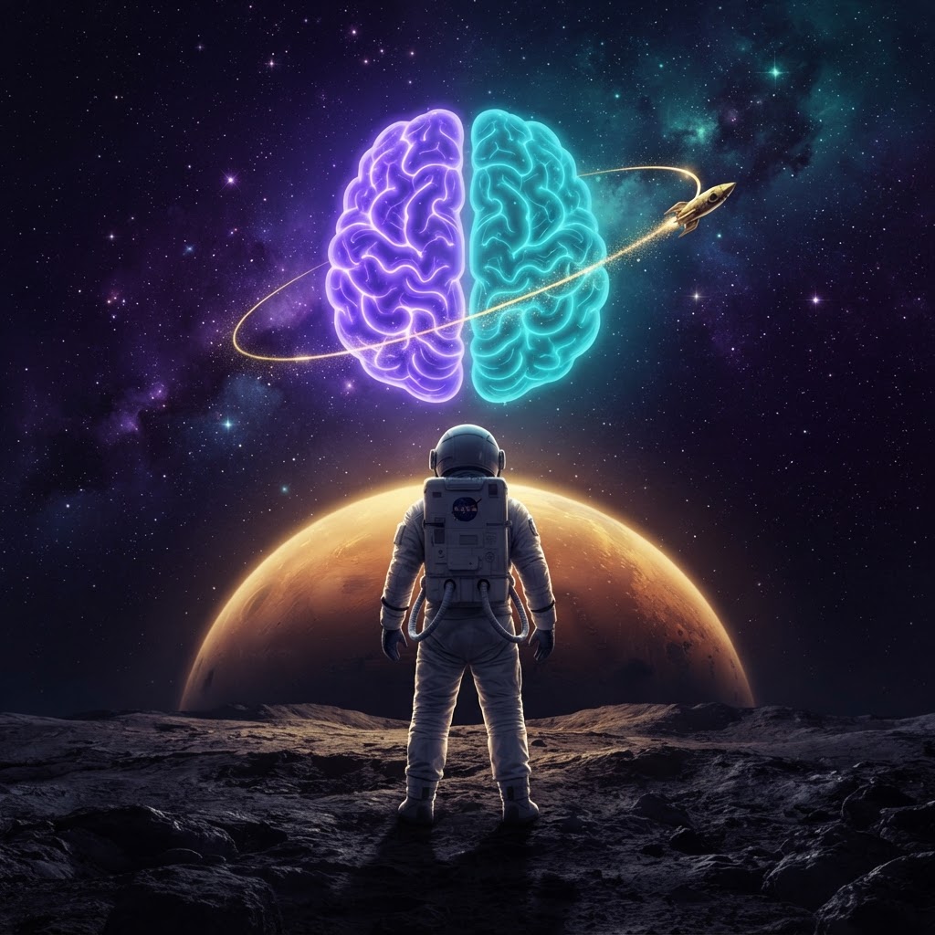 Astronaut gazing at Mars beneath a glowing split violet-and-teal brain with a golden orbital ring
