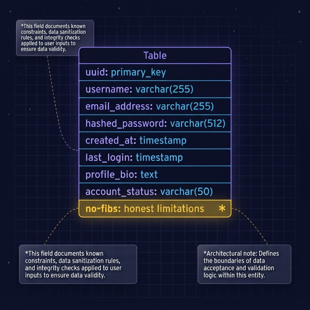Blueprint-style illustration of a database table whose last field glows gold, labeled no-fibs: honest limitations