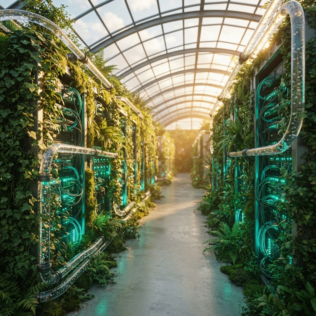 A living green data center — server racks wrapped in vines and moss under glass sunlight, companion art for the article