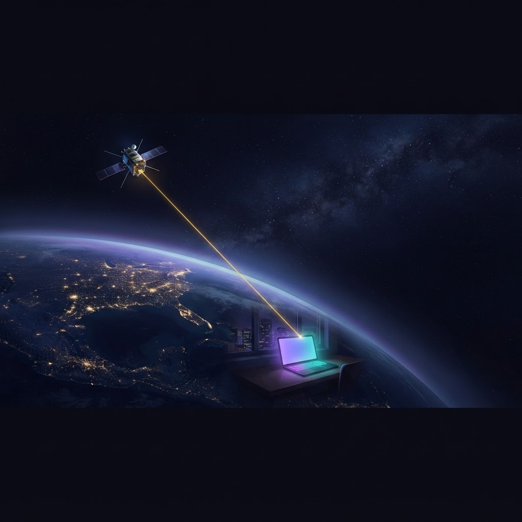 A small orbital data center above Earth, a golden data beam arcing down to one glowing laptop