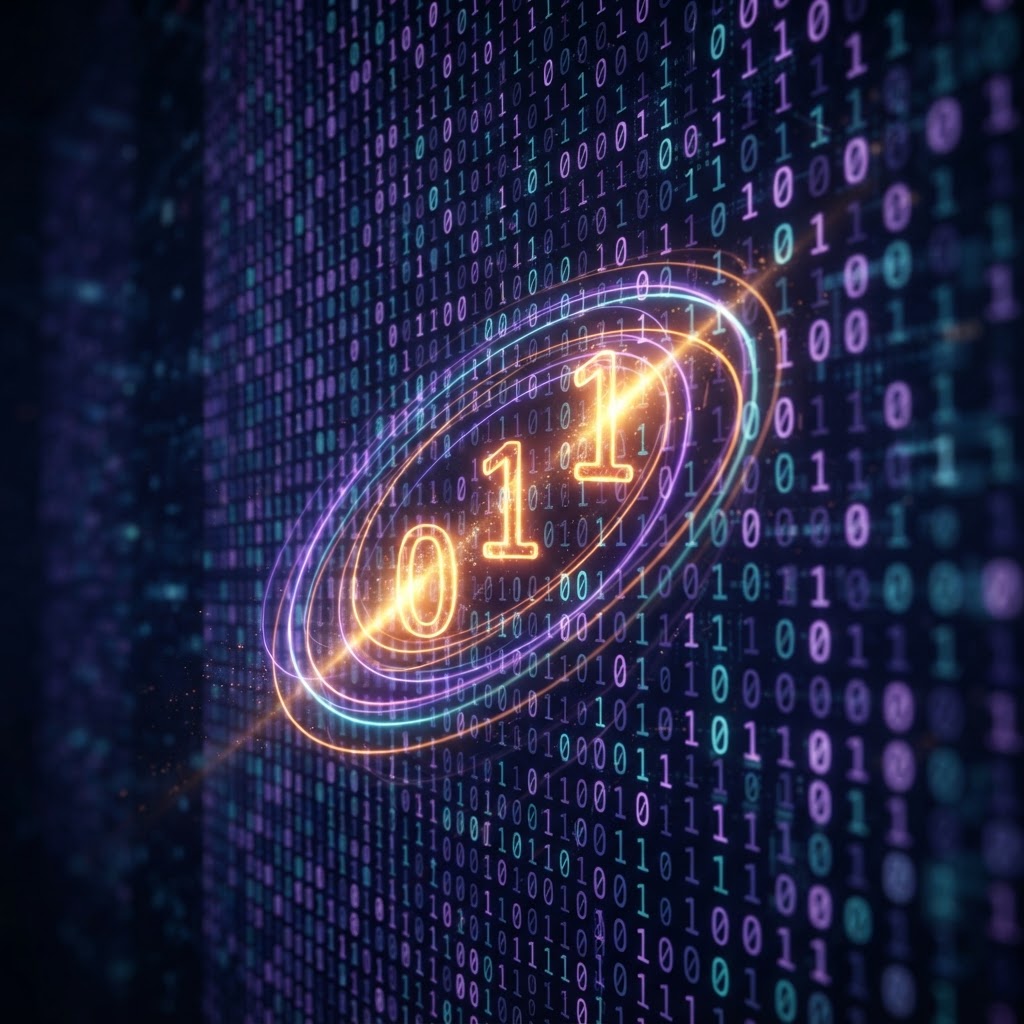 Wall of glowing binary digits with bits flipping