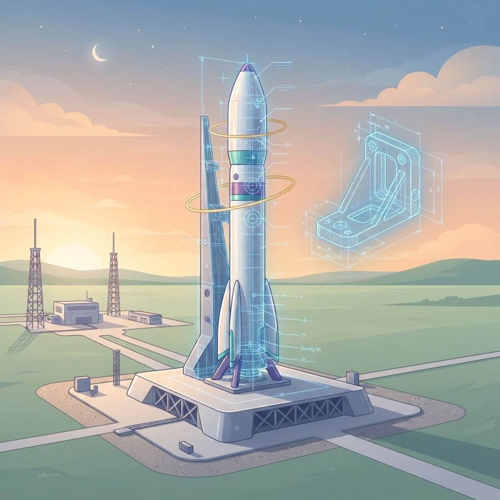 Companion illustration: a rocket on a peaceful launch pad with a translucent blue CAD wireframe overlay