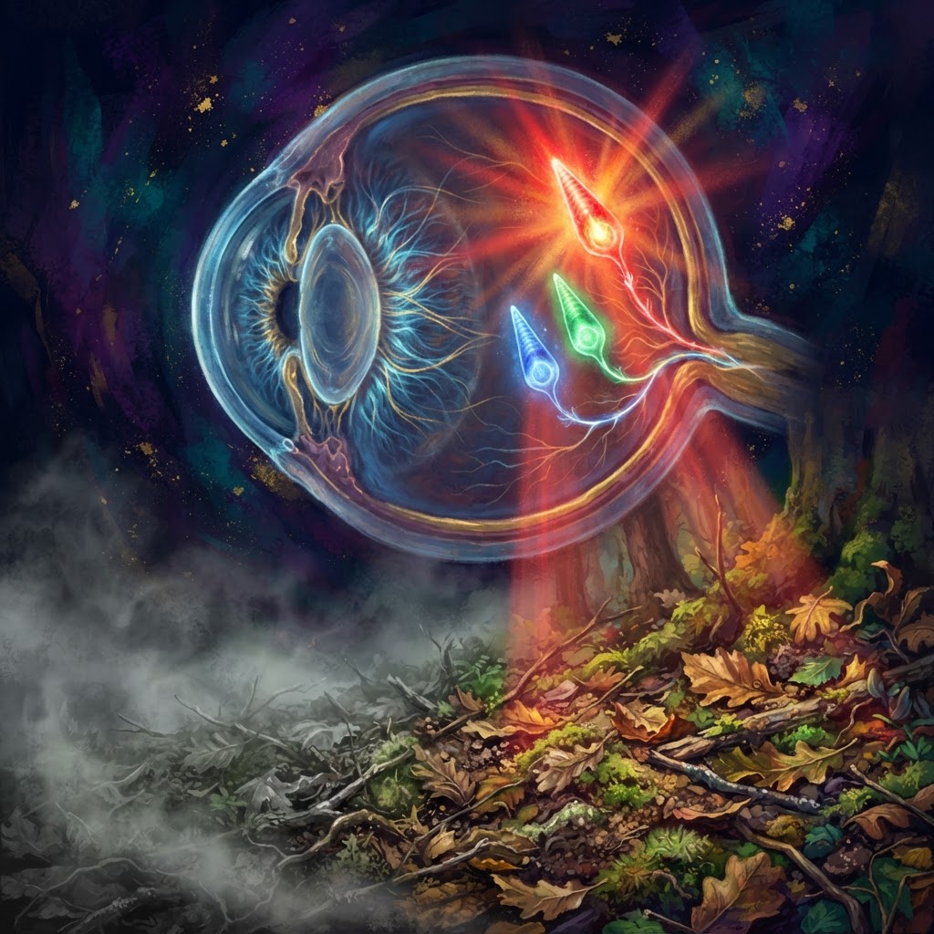Editorial illustration: a human eye in cross-section with three glowing cones — blue, green, and a burning red one — while a brown forest floor emerges into color beneath it.