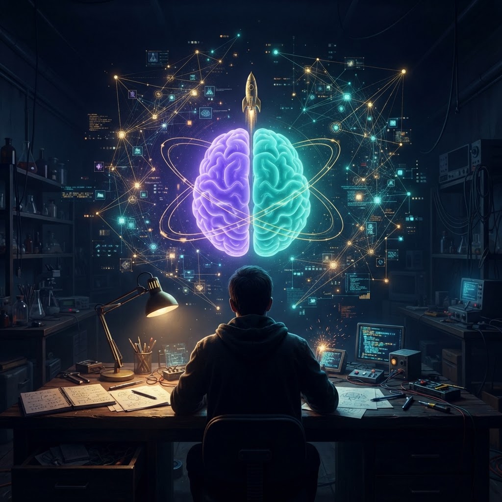 A lone builder at a night workbench, wiring a constellation of glowing labs around a split violet-and-teal brain with golden orbital rings