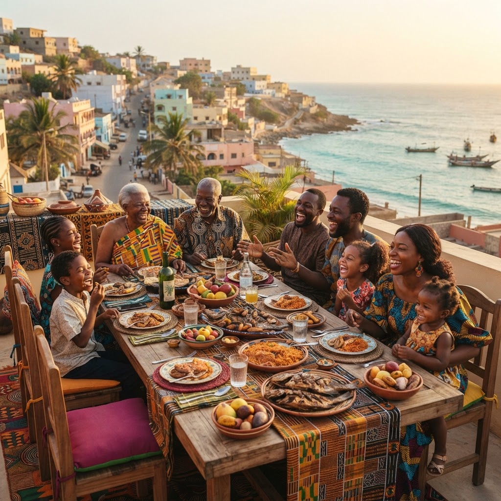A multigenerational family sharing a meal abroad