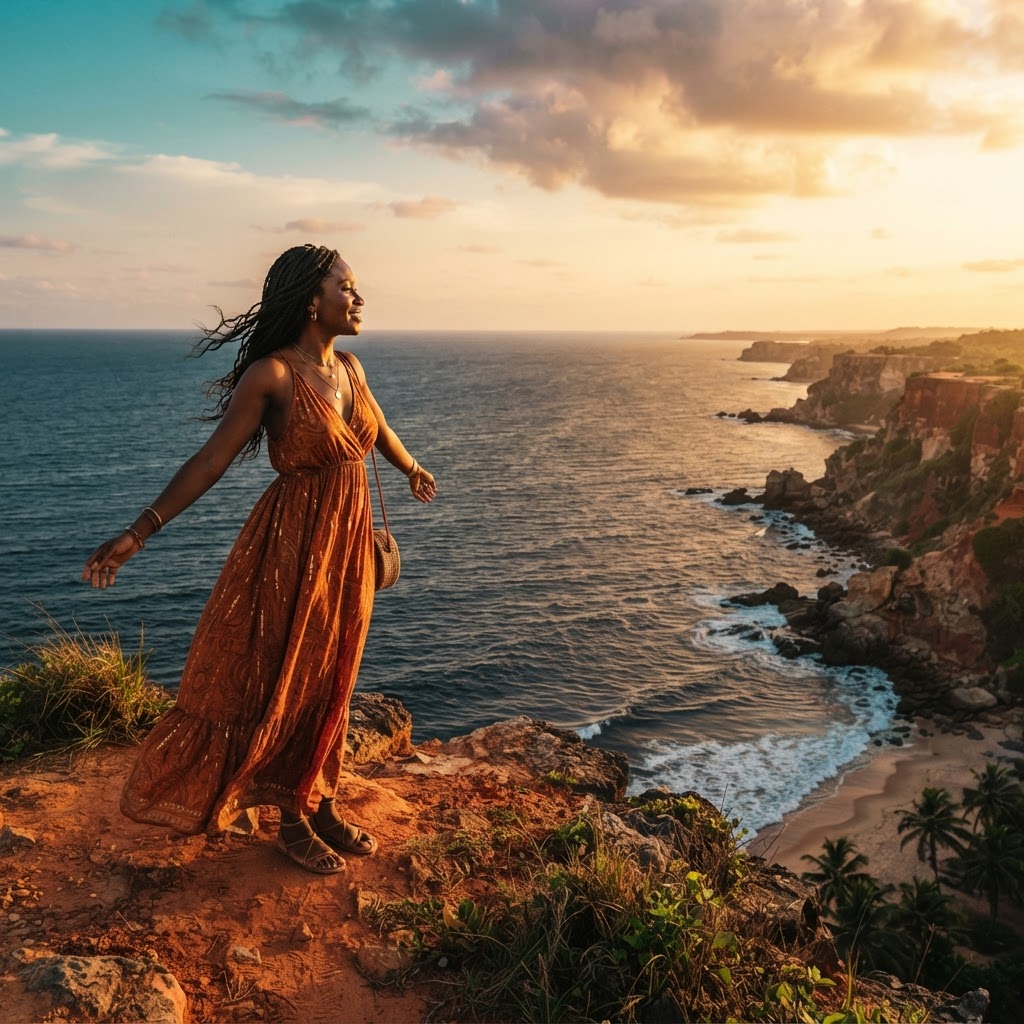Black woman traveler overlooking the Atlantic coast of Ghana at golden hour