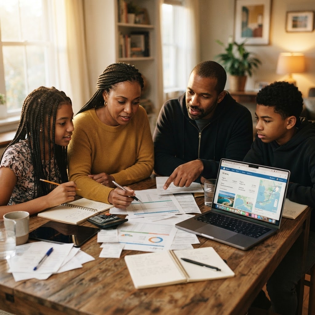 A family reviewing their budget and travel plans together at the table