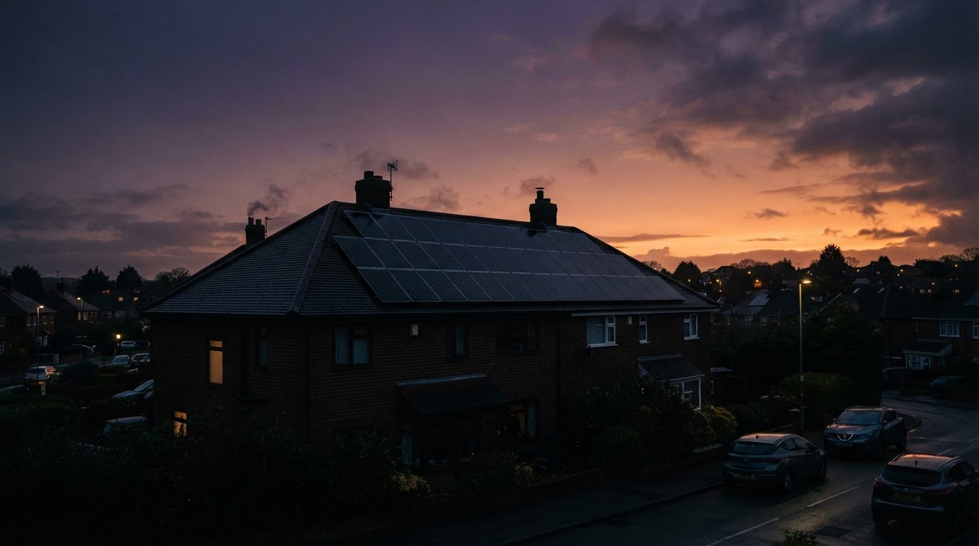 Solar-panelled roof at dusk