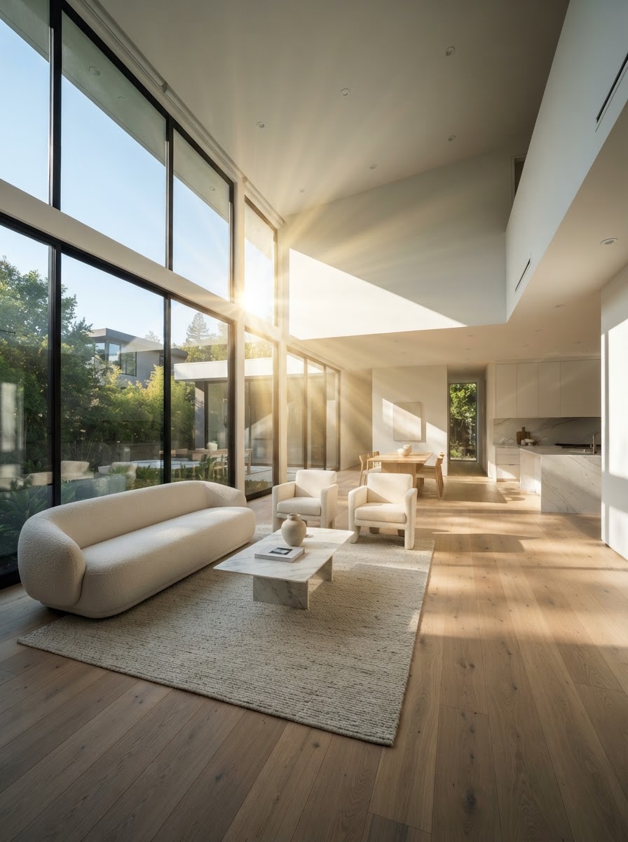 Pristine modern home interior with clean, purified air and natural sunlight