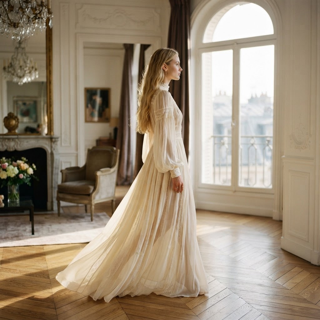 AI-generated fashion editorial — Flowing chiffon gown, Side Profile