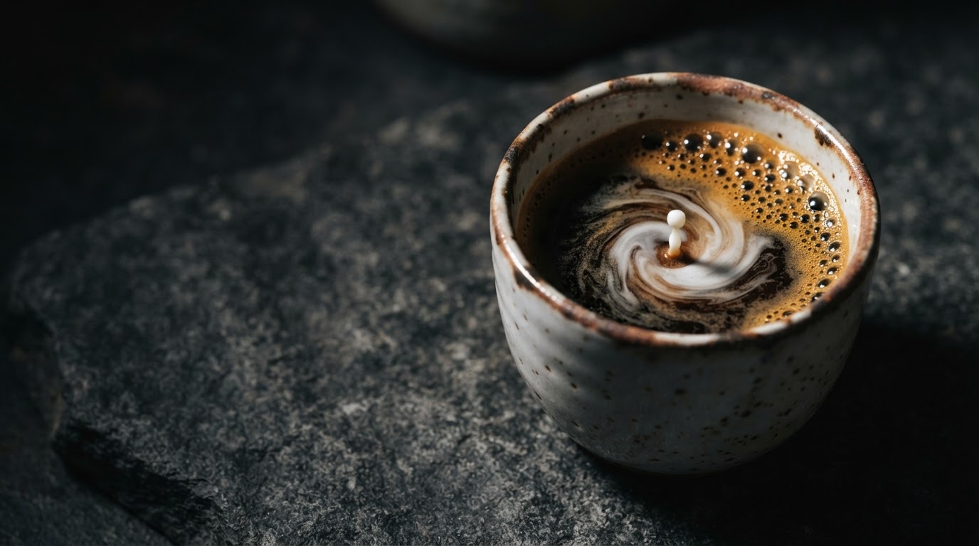 Dark espresso with milk drop creating crema pattern on basalt surface