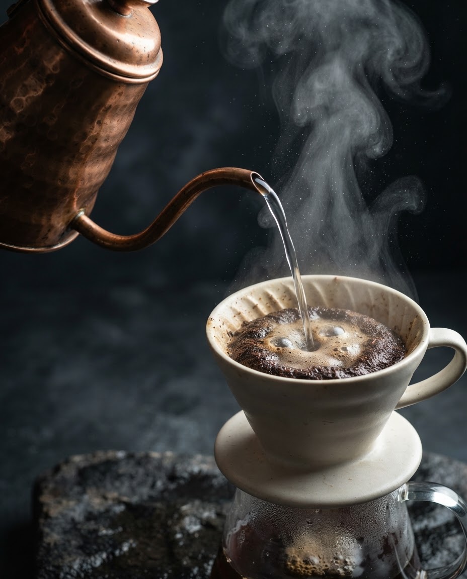 Pour-over coffee setup with steam rising, copper gooseneck kettle