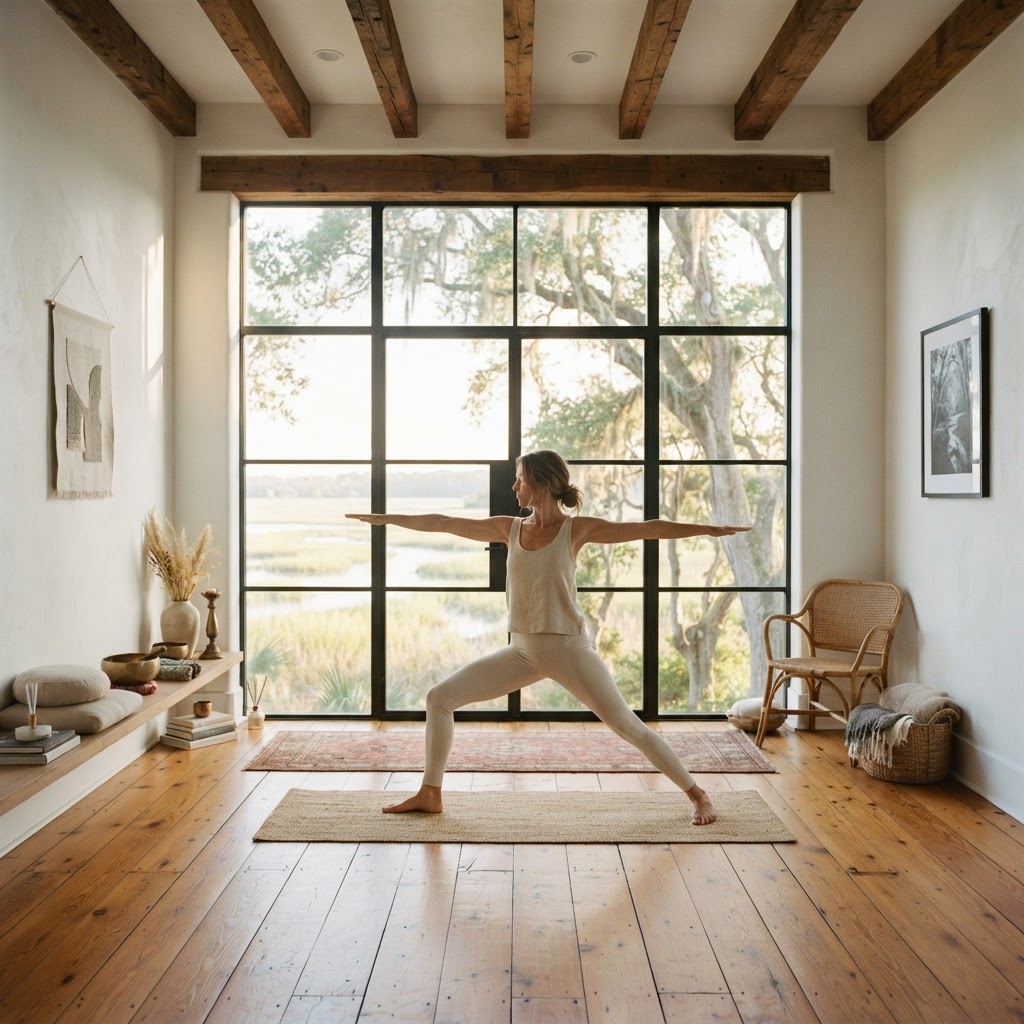 Premium yoga studio with architectural concrete and natural light