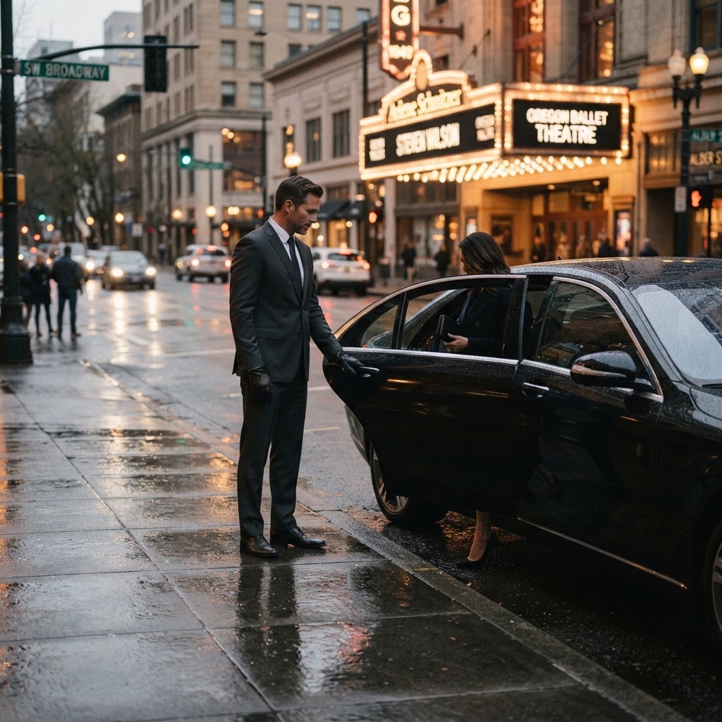 Professional chauffeur opening the door of a client’s personal car in Portland