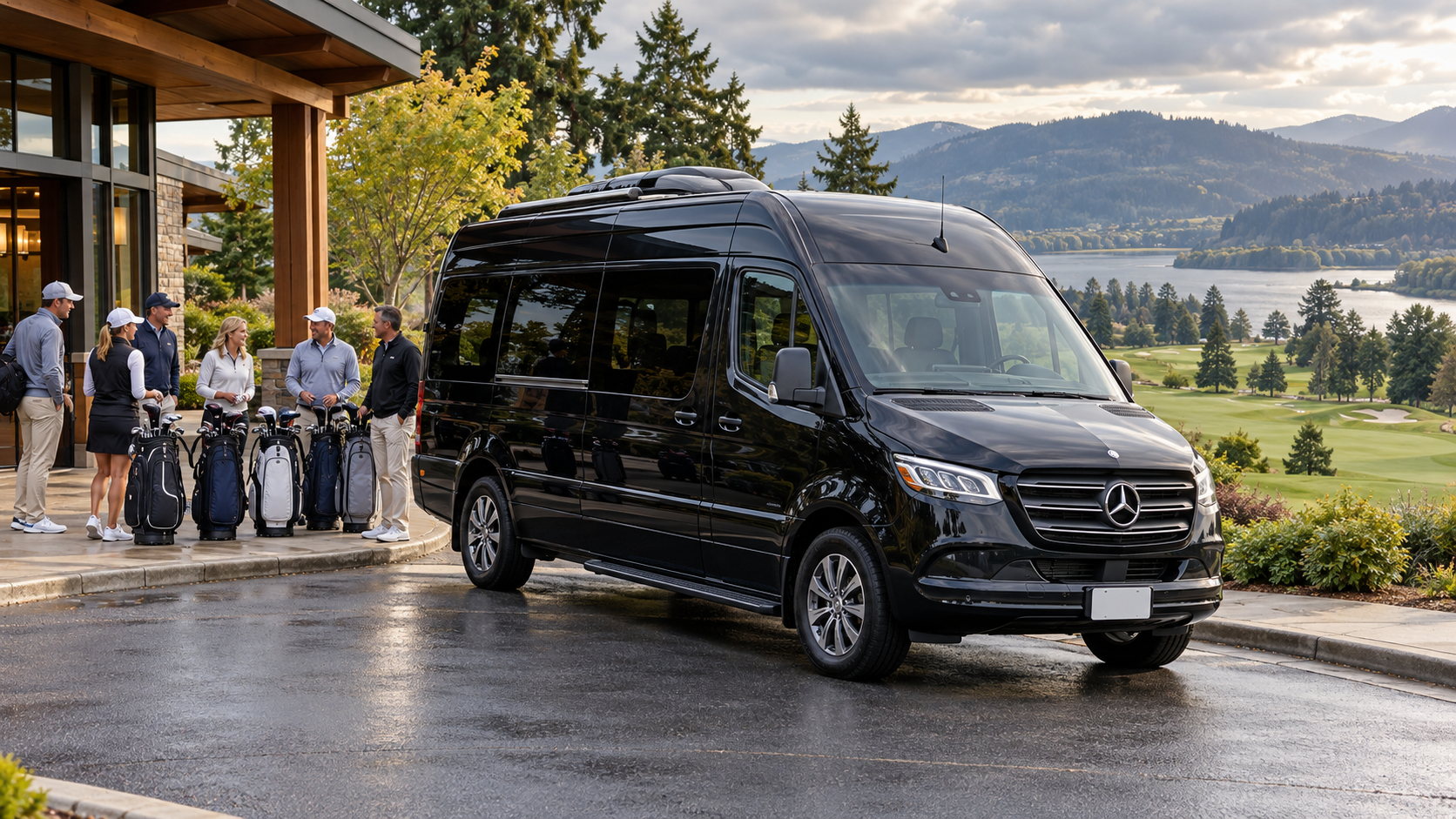 Golfers with clubs next to a black Mercedes Sprinter at an Oregon golf course clubhouse