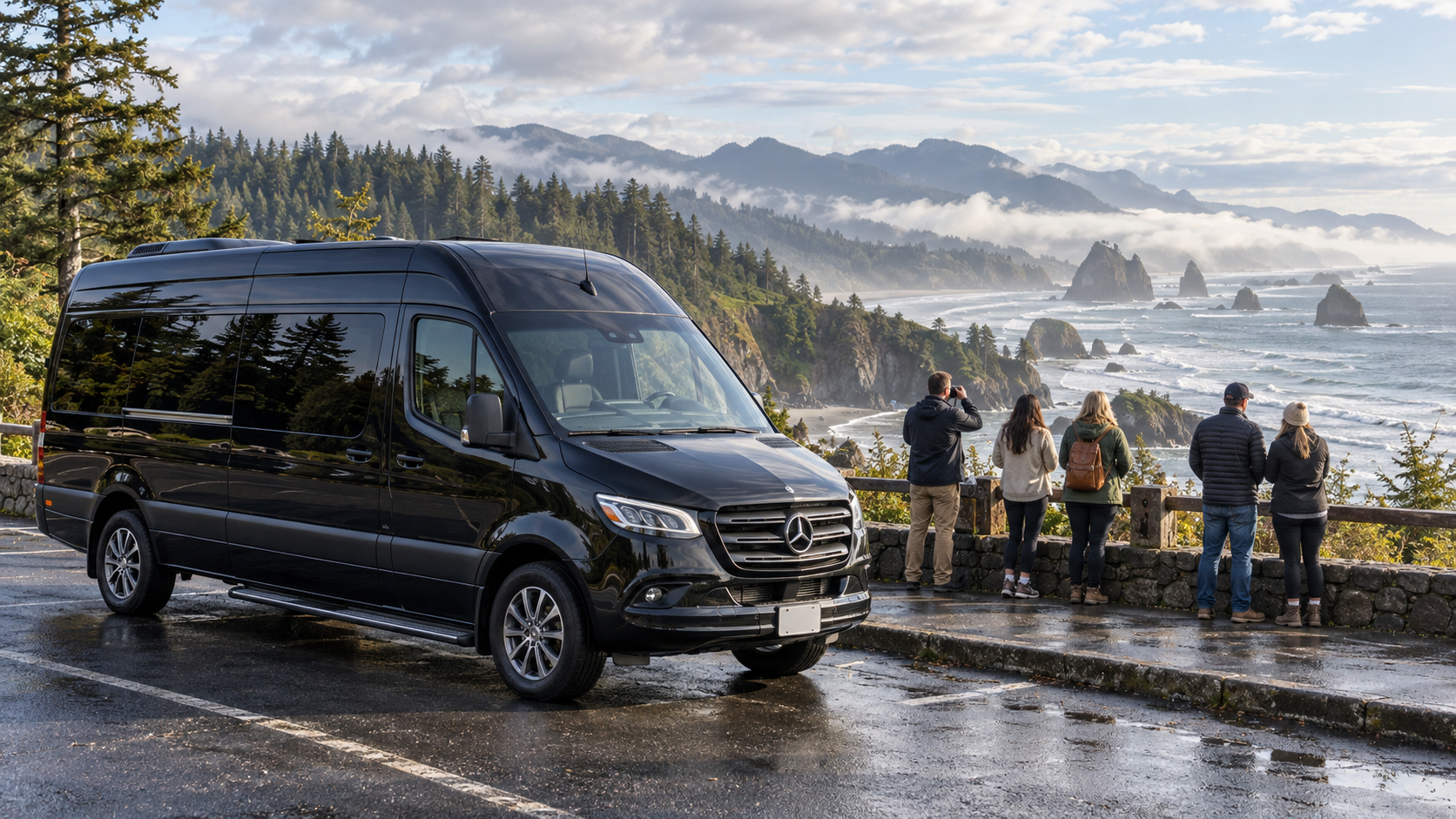 Black Mercedes Sprinter at an Oregon Coast viewpoint with a group of guests