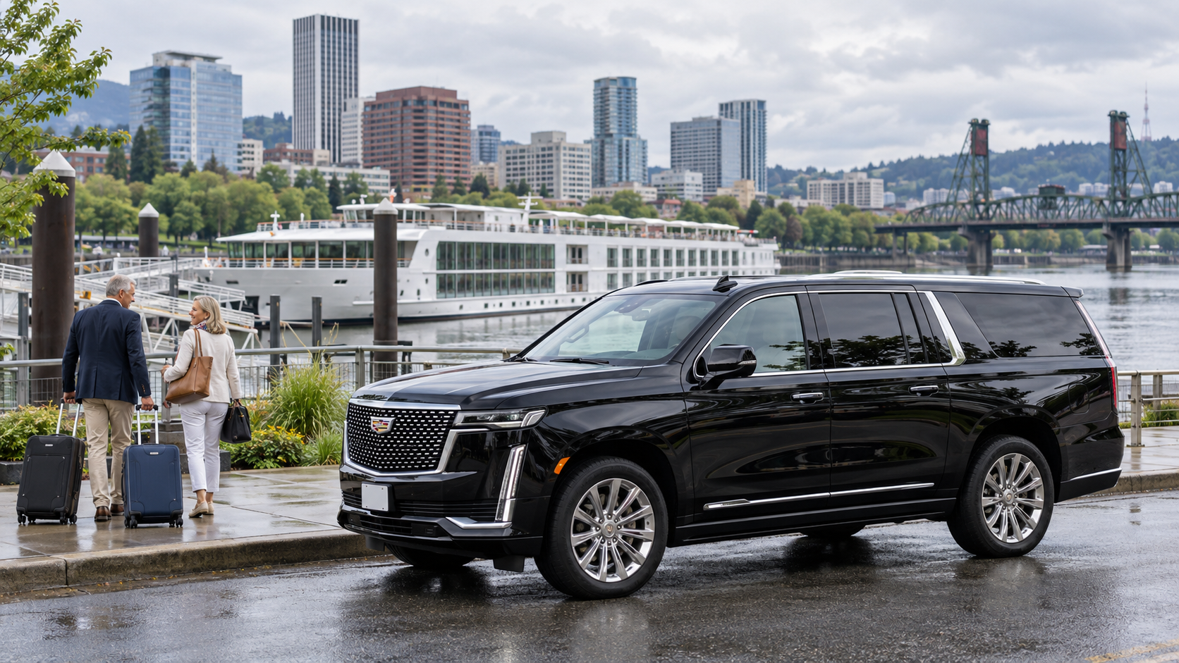 Black Cadillac Escalade ESV by the Portland riverfront cruise dock with guests and luggage