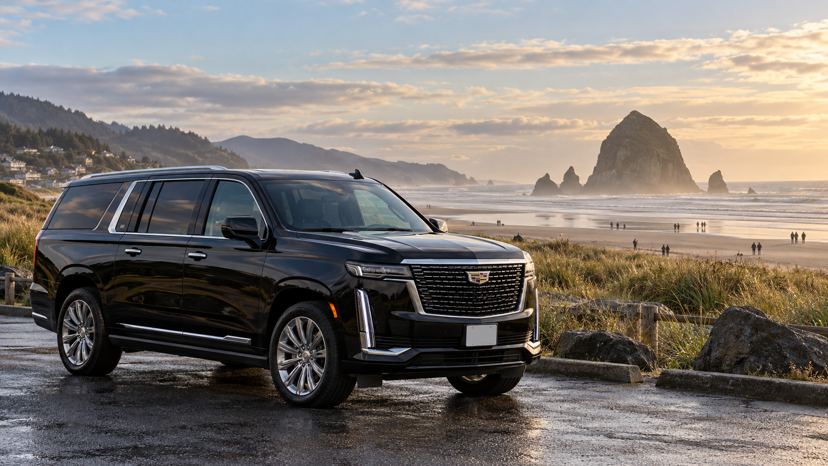 Black Cadillac Escalade ESV at Haystack Rock in Cannon Beach, Oregon