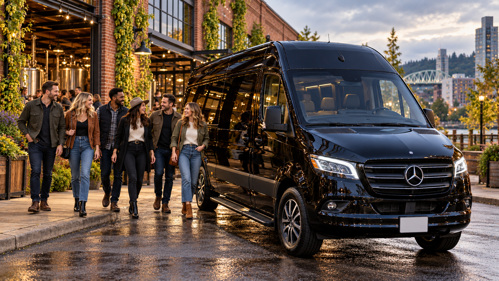 Group of friends outside a Portland brewery walking to a black Mercedes Sprinter