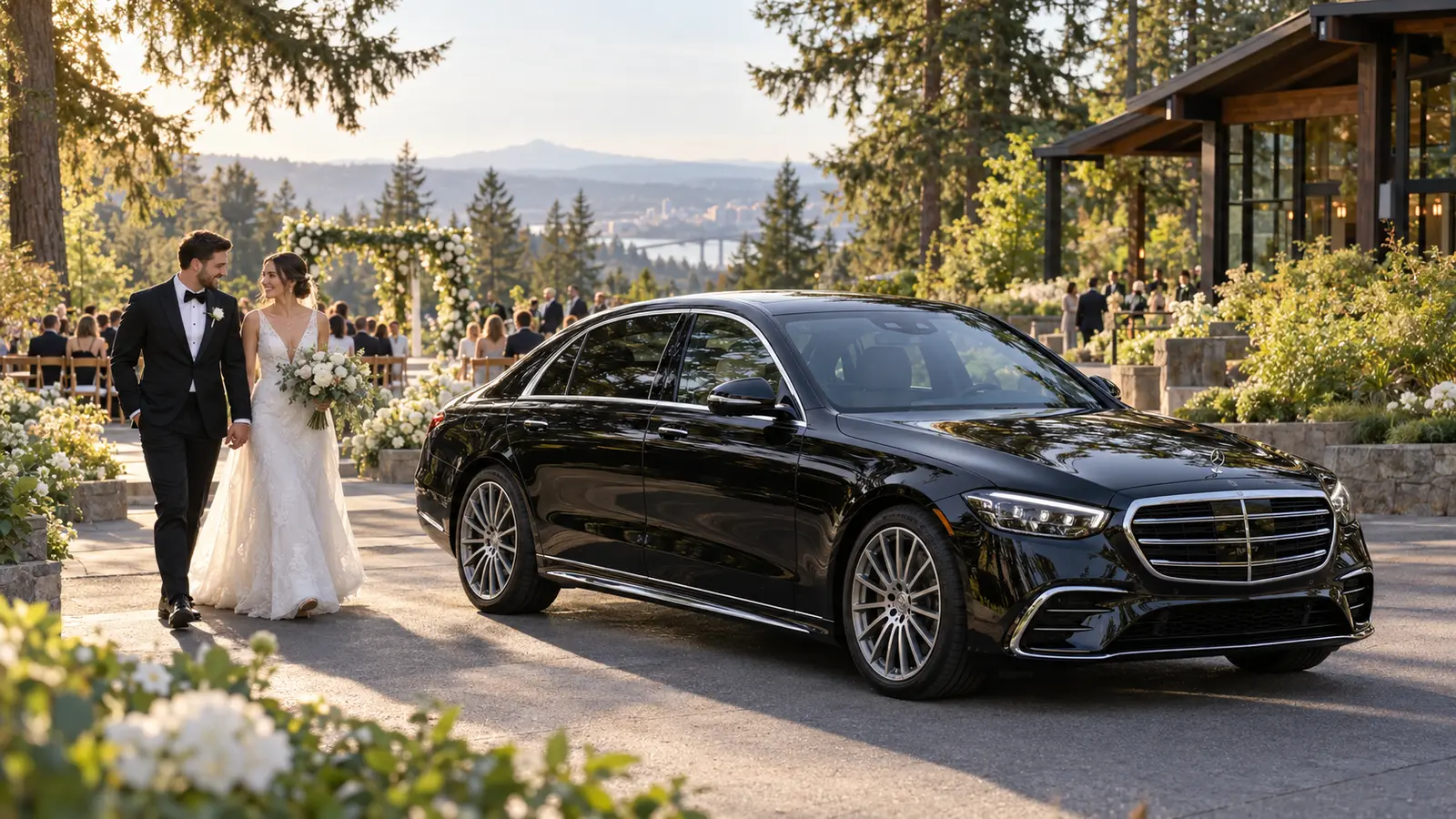 Bride and groom walking beside a black Mercedes chauffeur car at a Portland, Oregon wedding venue