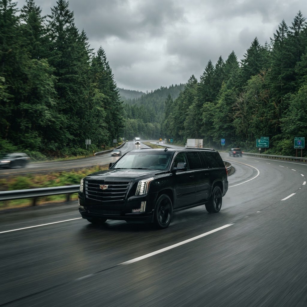 Luxury black SUV on the highway for Portland to Seattle private car service