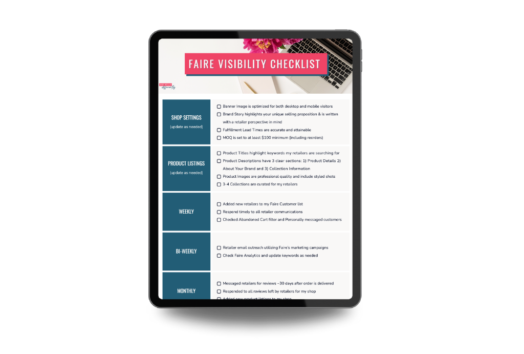 The Faire Visibility Checklist — a one-page checklist shown on a tablet