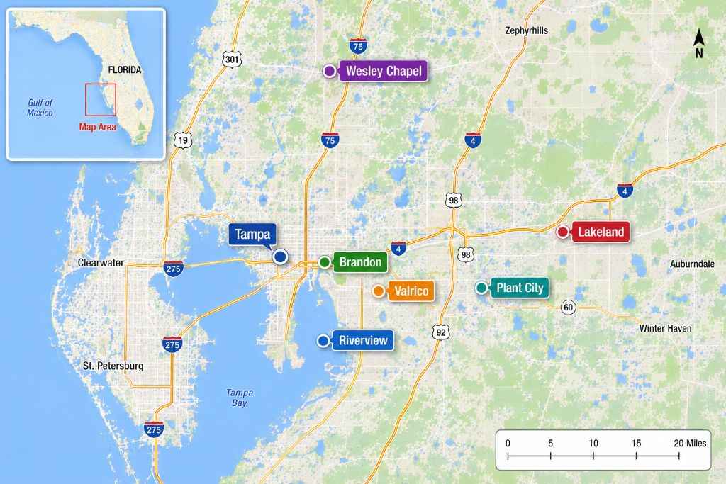 Service area map showing Central Florida cities served by Apex Cleaning Solutions for house and Airbnb cleaning: Wesley Chapel, Tampa, Brandon, Valrico, Riverview, and Lakeland