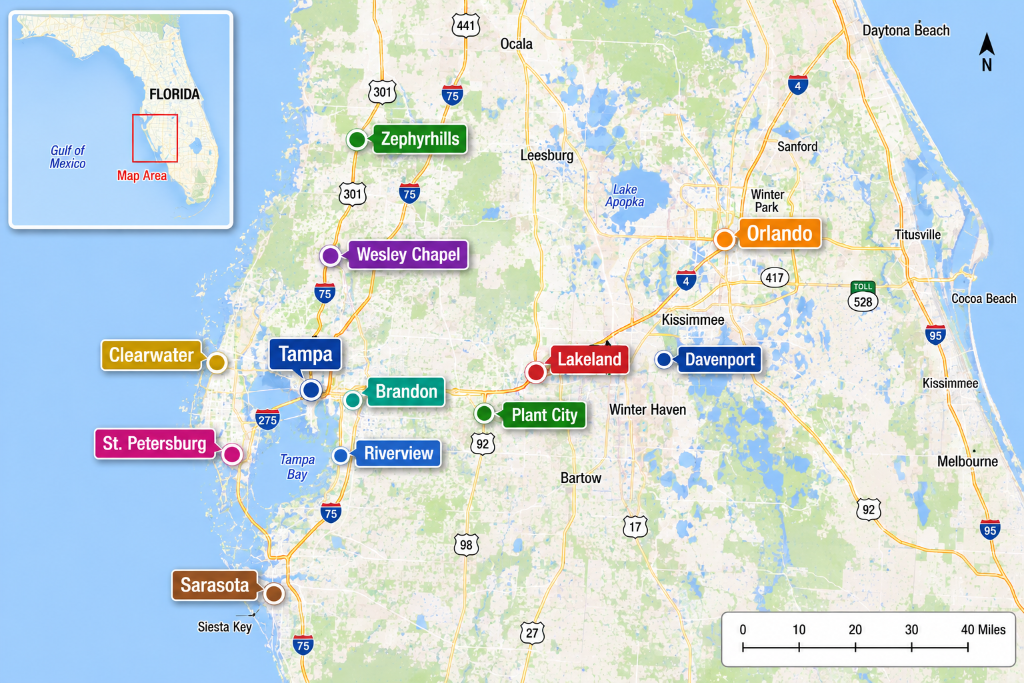 Service area map showing Central Florida cities served by Apex Cleaning Solutions for specialty cleanup: Tampa, Orlando, St. Petersburg, Clearwater, Lakeland, Brandon, Riverview, Plant City, Wesley Chapel, Zephyrhills, Davenport, and Sarasota