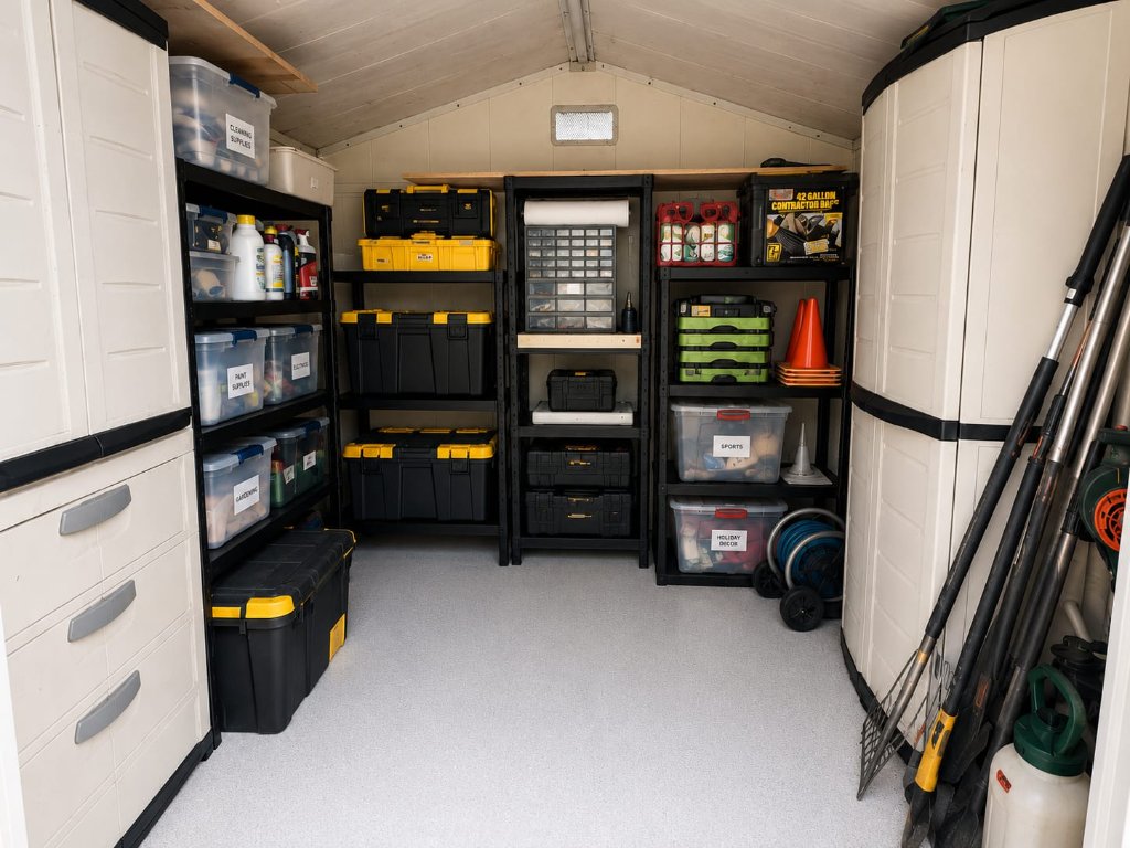 Neatly organized storage shed after professional cleanup