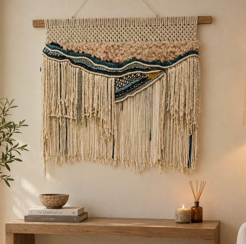Macramé wall hanging with teal and tan accents on wooden dowel