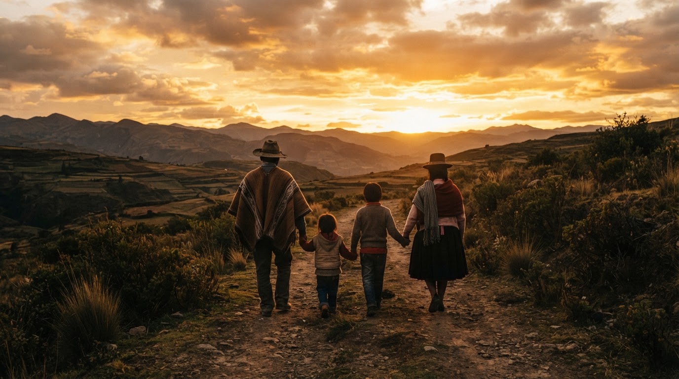 Una familia caminando hacia el horizonte a la hora dorada — resiliencia tranquila y esperanza