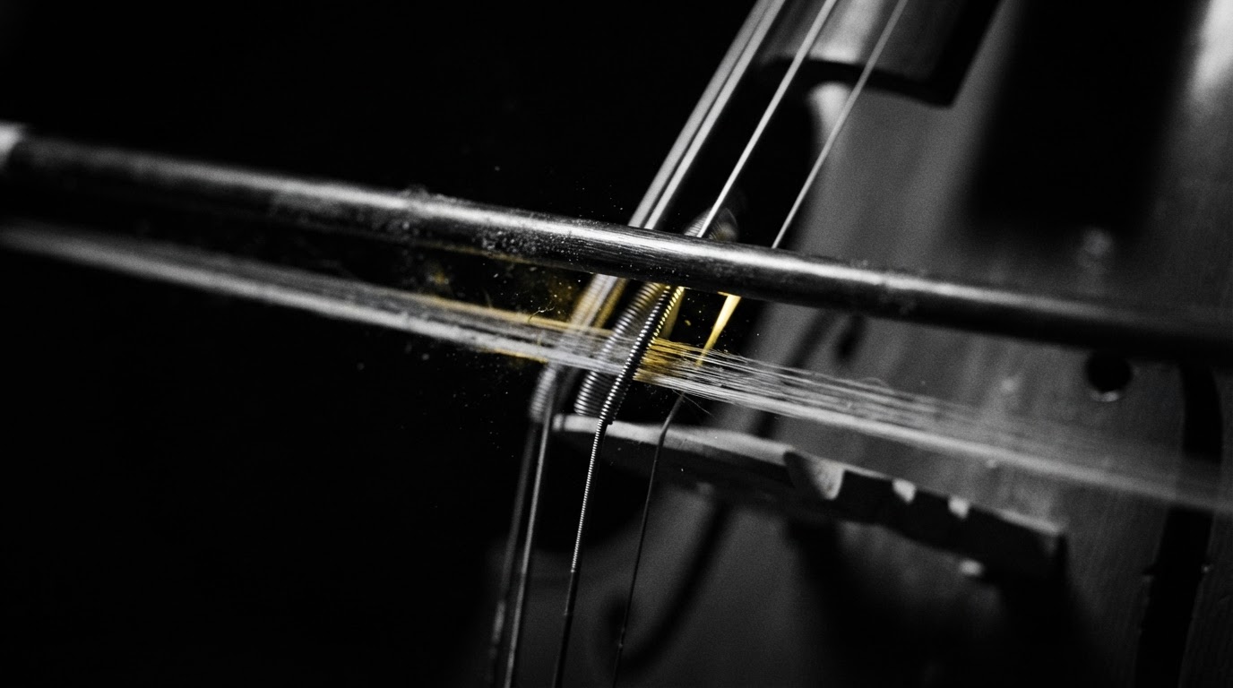 Close-up of cello strings vibrating in dramatic studio lighting