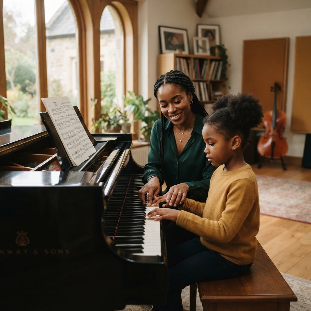 Piano instructor correcting a student's finger placement