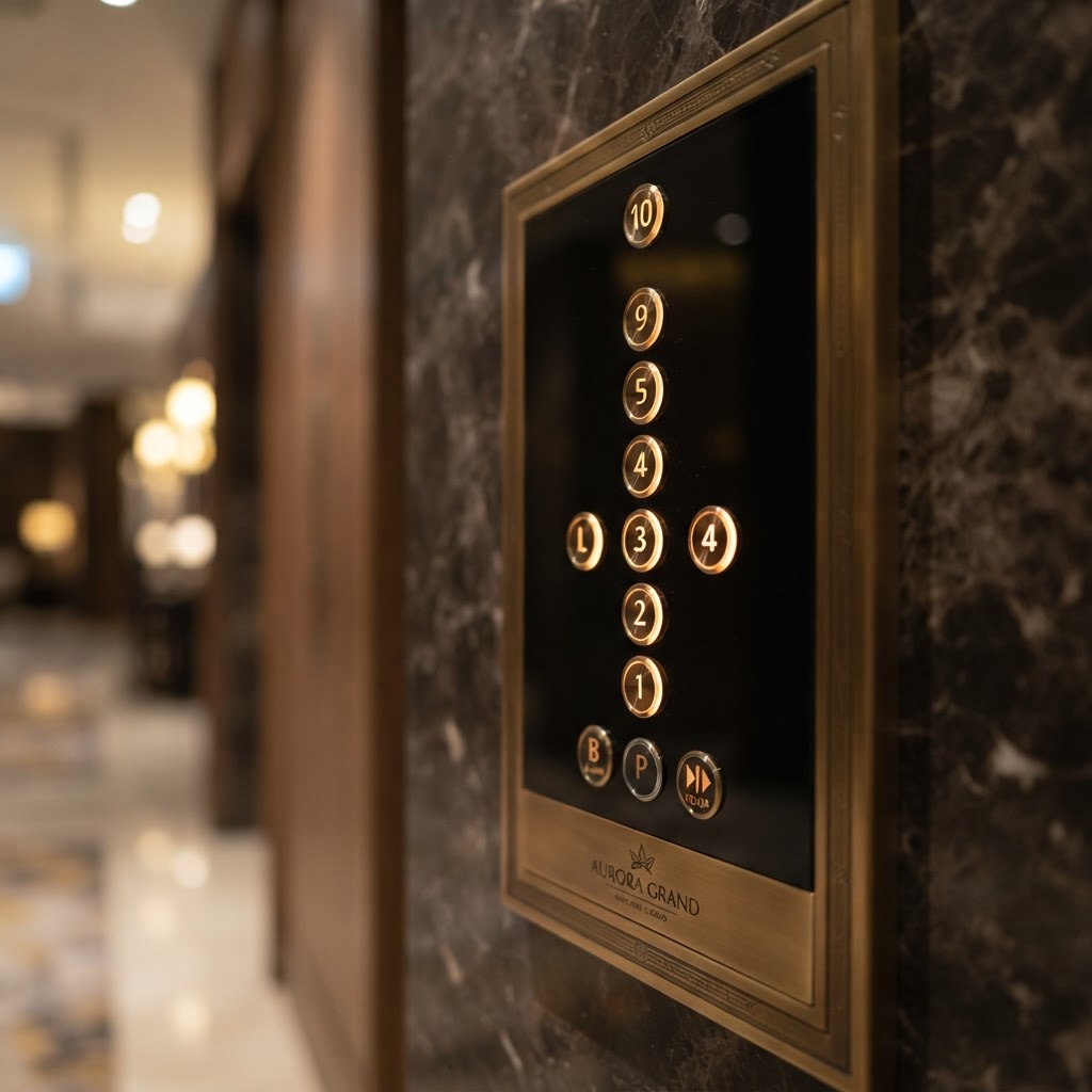 Backlit brass elevator control panel detail