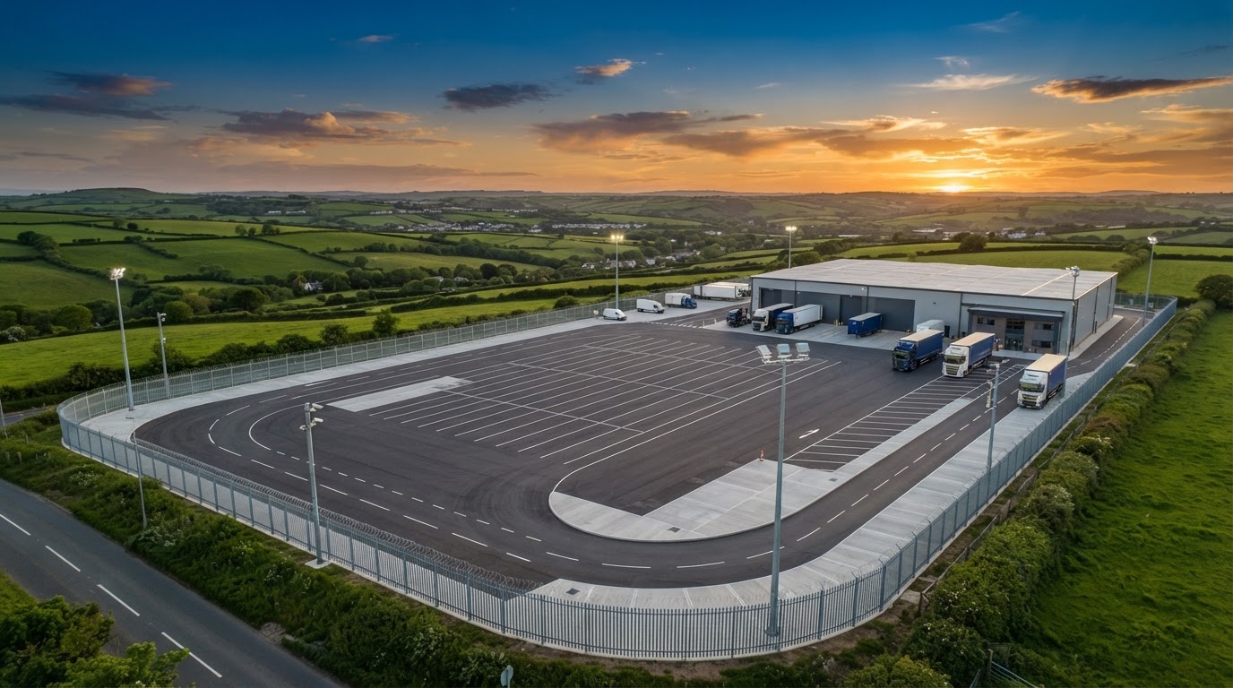 Aerial view of secure commercial yard in North Devon
