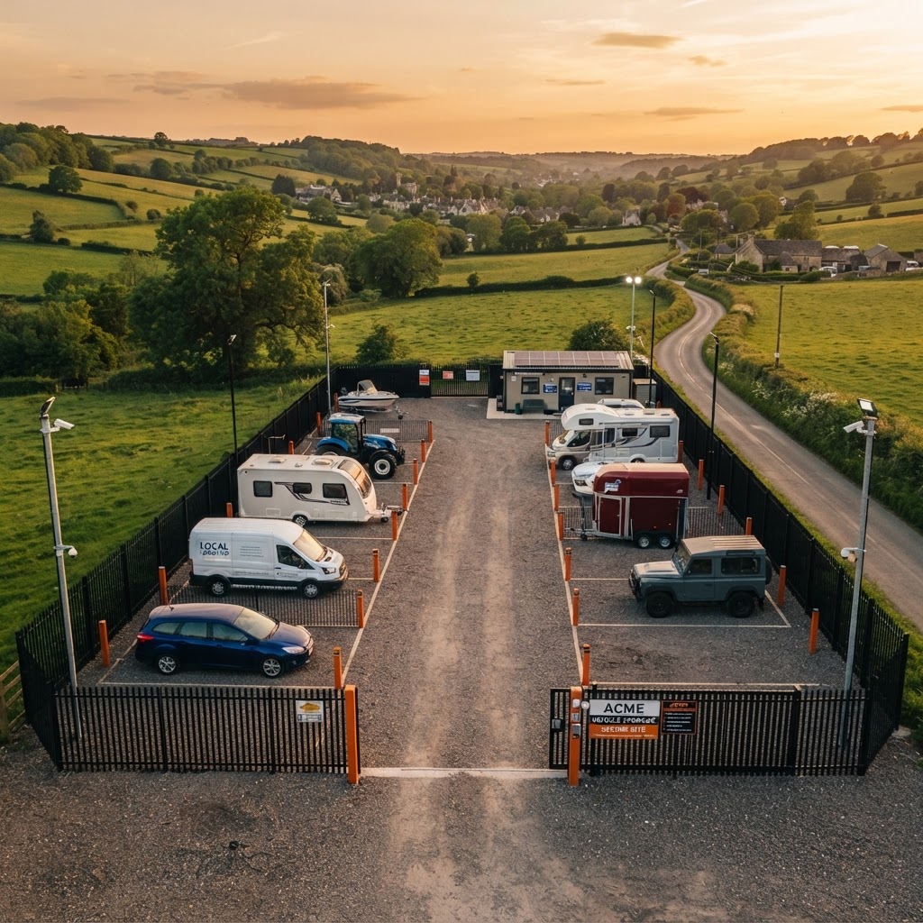 Secure vehicle storage yard with cars, caravan, tractor and horsebox