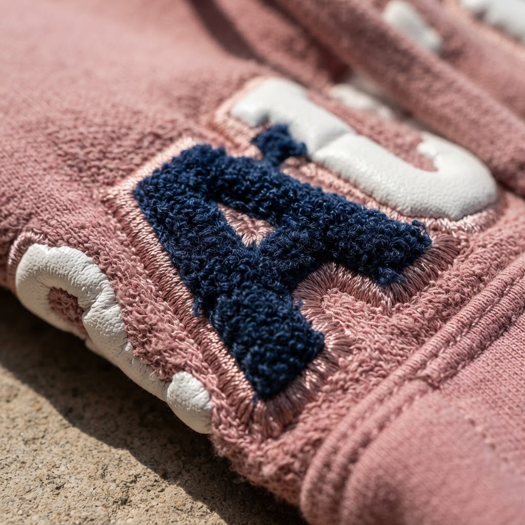 Macro detail of embroidery and puff print