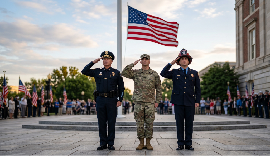 Heroes & Military Discount — Plumbing Kings FL | plumbingkingsfl.com Police officer, soldier, and firefighter saluting the American flag.