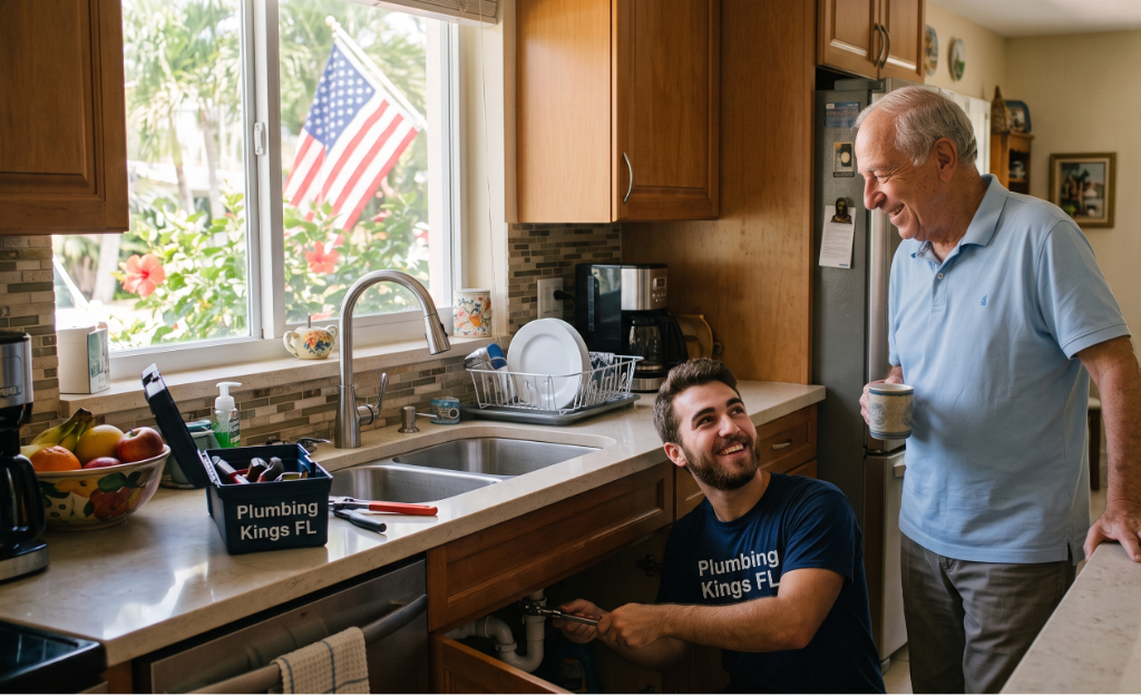 Senior Discount Plumbing Services South Florida | plumbingkingsfl.com Plumber smiling with a senior homeowner in his kitchen while fixing the sink.