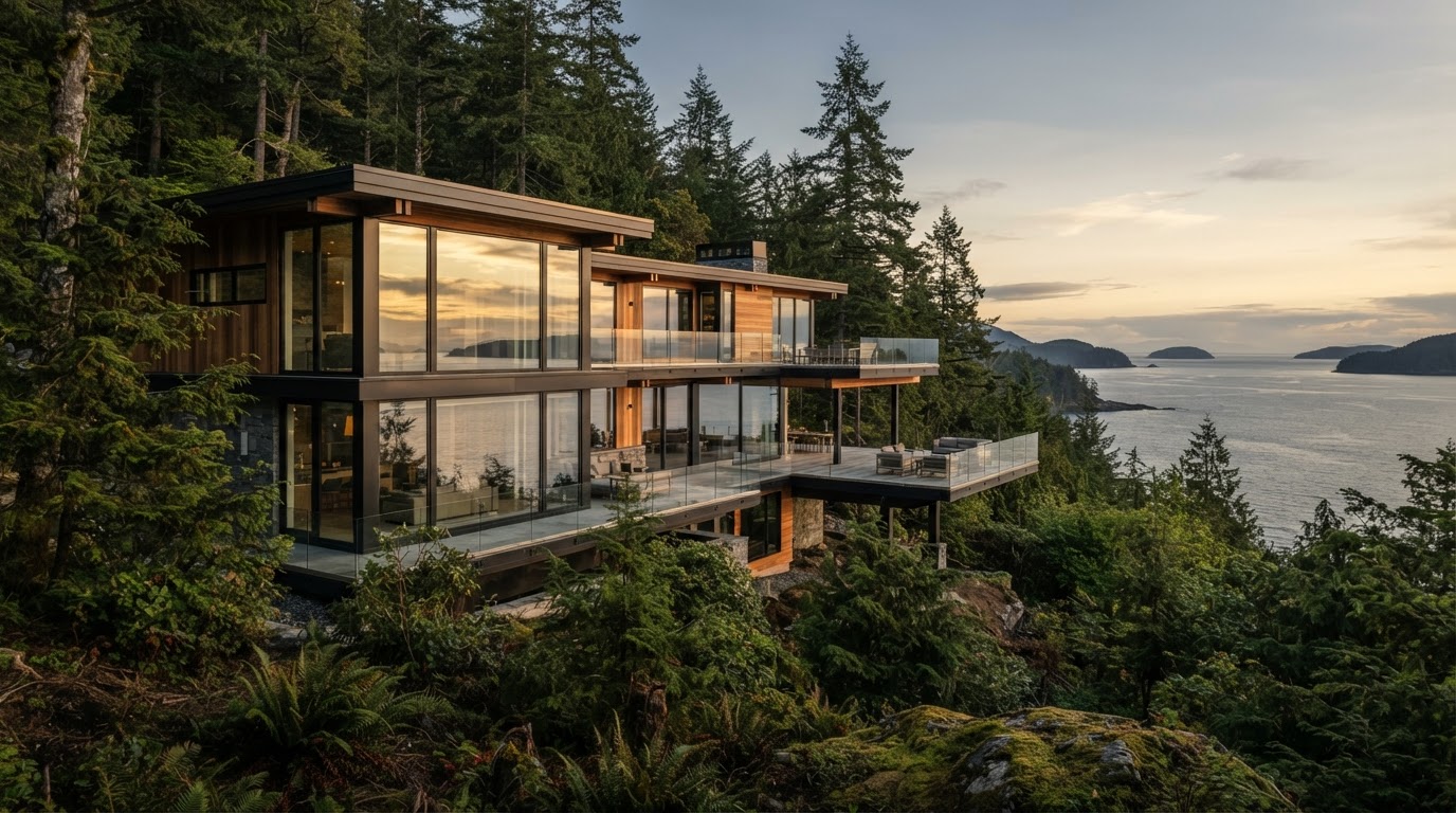 Modern glass-and-timber luxury home nestled in a British Columbia forest