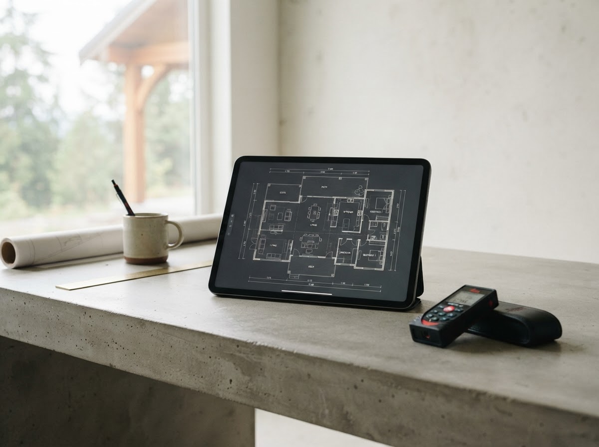 Architectural floor plan displayed on a tablet with measuring tools
