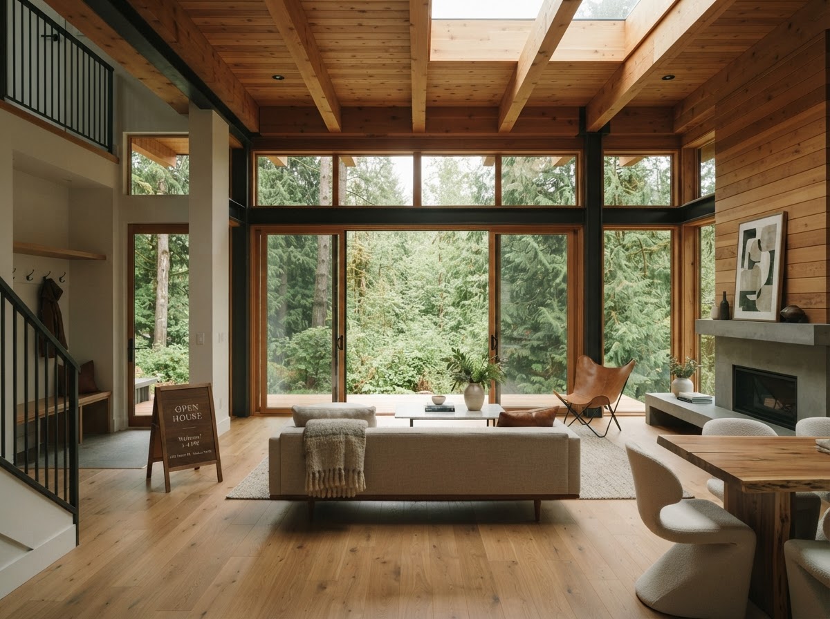 Luxury open house interior with cedar beams and natural lighting