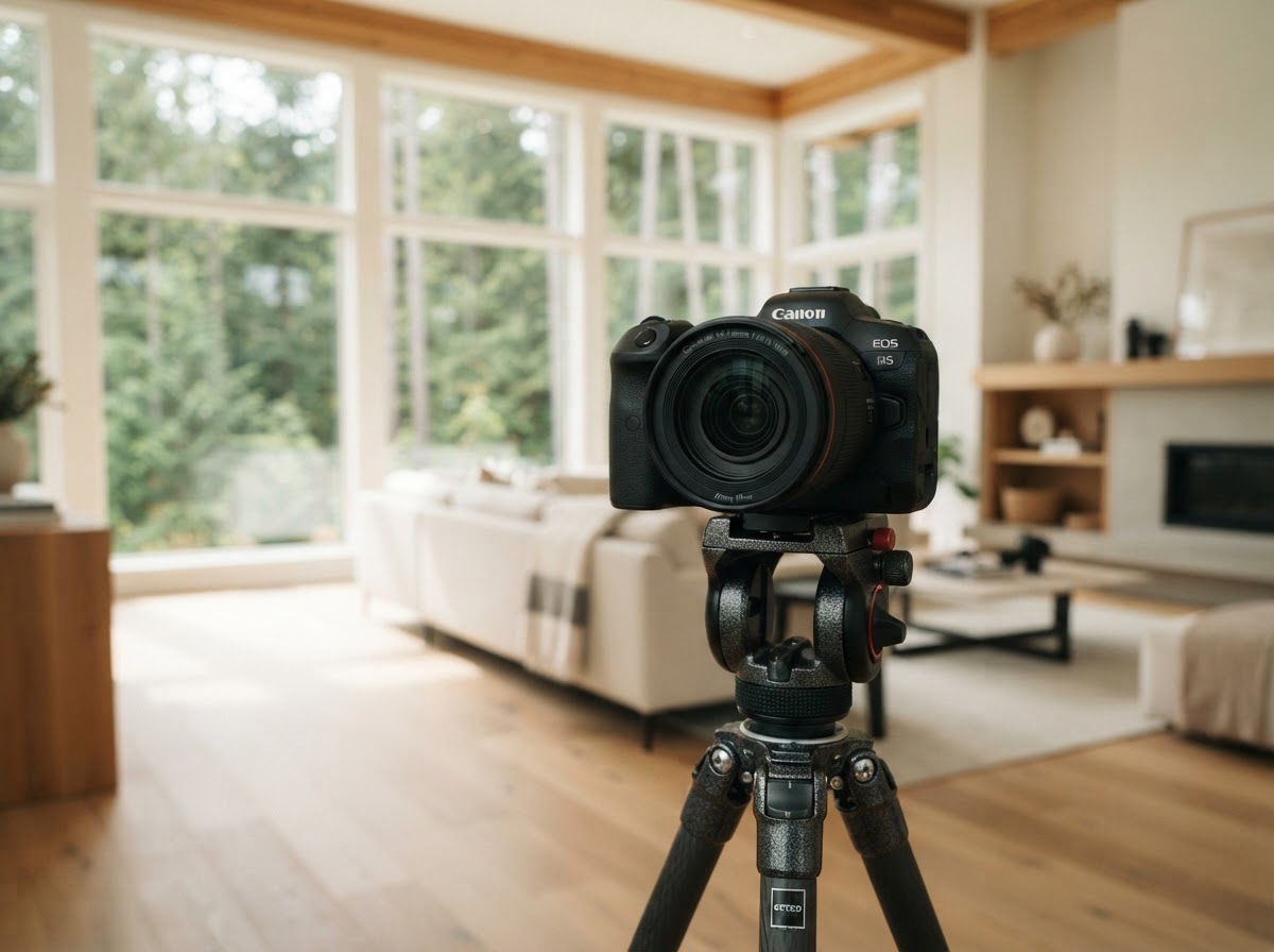 Professional DSLR camera photographing a luxury home interior