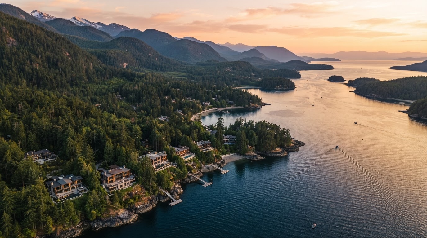Aerial view of the British Columbia coastline with luxury waterfront properties