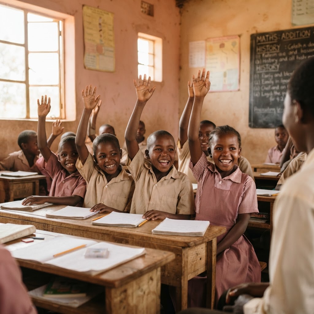 Children learning in a bright classroom